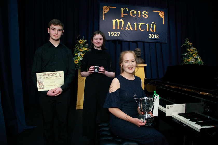 Feis06022018Tue45 
 45
3rd place John Sweeney from Rochestown; Silver Medallist and 2nd place Roisin Fleming from Glasheen and Gold Medallist, Cup Winner and Bursary recipient Méabh Fitzgerald from Whitechurch, 
Instrumental Music Class: 142: The Music Teachers Association Perpetual Trophy” and “The Regional Music Teachers Association Bursary” Instrumental Music Award 15 Years and Over Bursary Value €150 Sponsored by Moloney Pianos Feis Maitiú 92nd Festival held in Fr. Mathew Hall. EEjob 05/02/2018 Picture: Gerard Bonus.