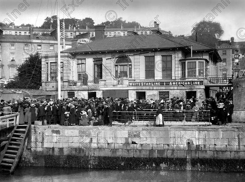 425861 
 The Cunard liner Lusitania, carrying 1,918 passangers and crew, was hit by a torpedo fired from a German U-boat at 2.00 p.m. on the afternoon of May, 7th., 1915. 764 people survived the sinking which took place10 miles off the Old Head of Kinsale. Some of the survivors are pictured at Cobh (Queenstown) shortly after the event. 08/05/1915 Ref. 44
Old black and white war ships boats tragedies