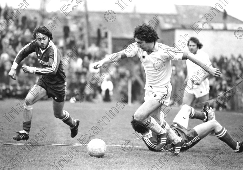 649549 
 Soccer F.A.I. Cup 20/04/80 1980 , Waterford v St. Patricks Athletic at Dalymount Park , Waterford's Mick Madigan going through St. Pat's defence . 
ref no 238/172