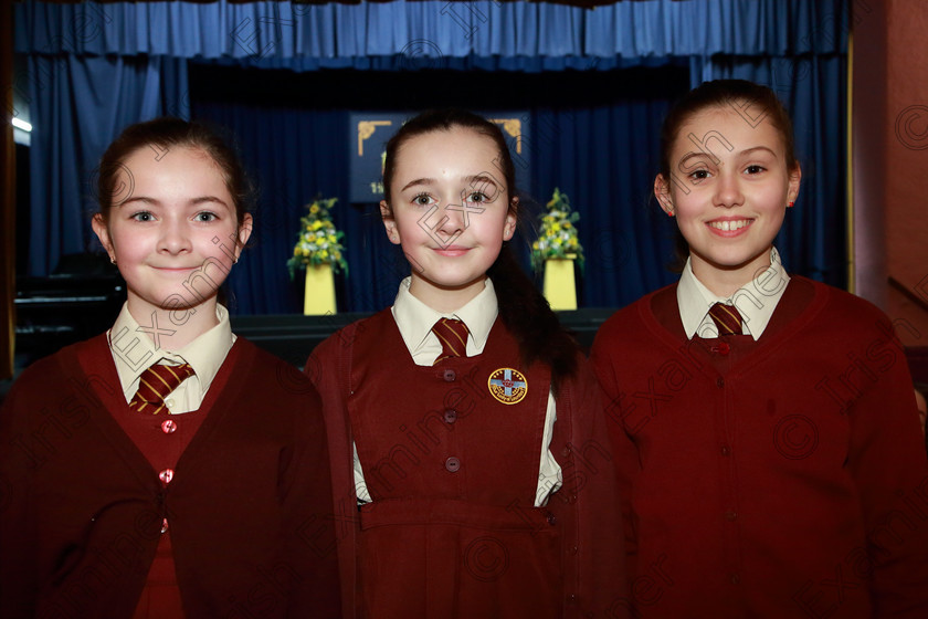Feis28022019Thu01 
 1
Zoe Fahey, Rachel O’Meara and Tamsin Rainford from Our Lady of Lourdes NS Ballinlough.

Class: 84: “The Sr. M. Benedicta Memorial Perpetual Cup” Primary School Unison Choirs–Section 1Two contrasting unison songs.

Feis Maitiú 93rd Festival held in Fr. Mathew Hall. EEjob 28/02/2019. Picture: Gerard Bonus