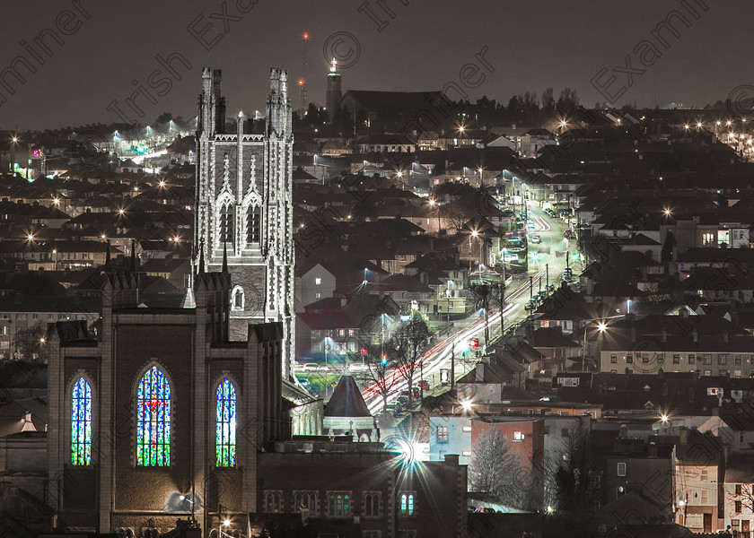 Stained Glass 
 Highway to Heaven.

The North Cathedral looking fantastic under the full moon light with the Church of the Ascension in the background linked together by the newly lit Cathedral road Cork City Ireland.

Photograph taken from Bells Field on the Old Youghal Road.

Picture: Kevin Barrett