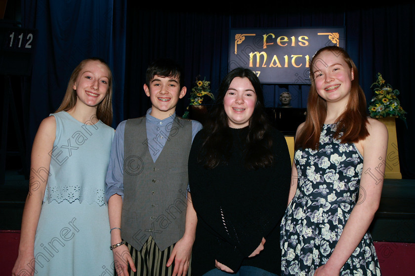 Feis08032018Thu23 
 23
Performers Emily Murphy, David Murphy, Erika Rose O’Regan and Áine Watson.
 Singing and School Choirs Class: 112: “The C.A.D.A. Perpetual Trophy” Solo Action Song 14 Years and Under Section 2 Feis Maitiú 92nd Festival held in Fr. Mathew Hall. EEjob 06/03/2018 Picture: Gerard Bonus.