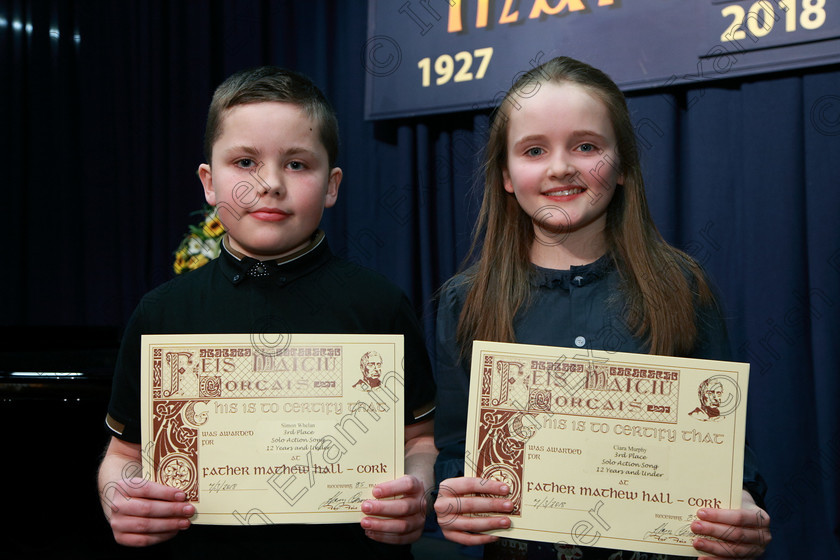 Feis07032018Wed20 
 20
Joint 3rd place Simon Whelan and Ciara Murphy from Mitchelstown and Glanmire. 
 Singing and School Choirs Class: 113: “The Edna McBirney Memorial Perpetual Award” Solo Action Song 12 Years and Under Section 3 Feis Maitiú 92nd Festival held in Fr. Mathew Hall. EEjob 06/03/2018 Picture: Gerard Bonus.