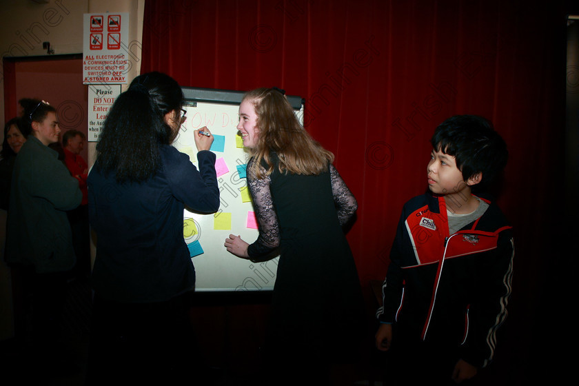 Feis31012018Wed42 
 42
Megan Chan and Helen Ruthledge signing the How Did It Go? Board watched by Bryan Chan all from Blackrock.
 Instrumental Music; Class: 236 “The Shanahan & Co. Perpetual Cup”: Advance Violin, one movement from a Concerto; Feis Maitiú 92nd Festival held in Fr. Matthew Hall. EEjob 31/01/2018. Picture: Gerard Bonus.