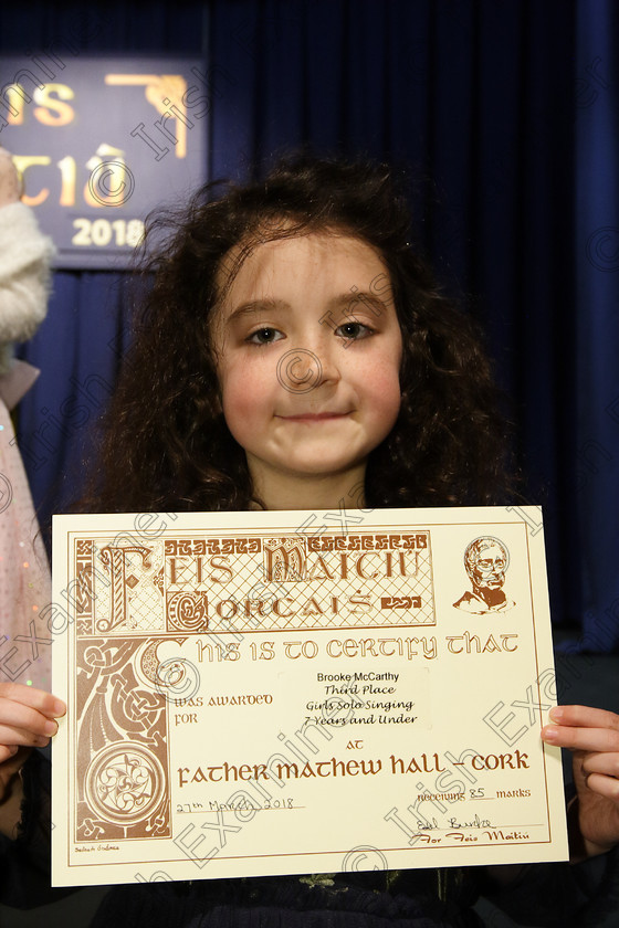 Feis27032018Tue45 
 45
3rd place Brooke McCarthy from Togher.
 Singing Class: 56: 7 Years and Under Crawley The Penguin Dance Feis Maitiú 92nd Festival held in Fr. Mathew Hall. EEjob 27/03/2018 Picture: Gerard Bonus