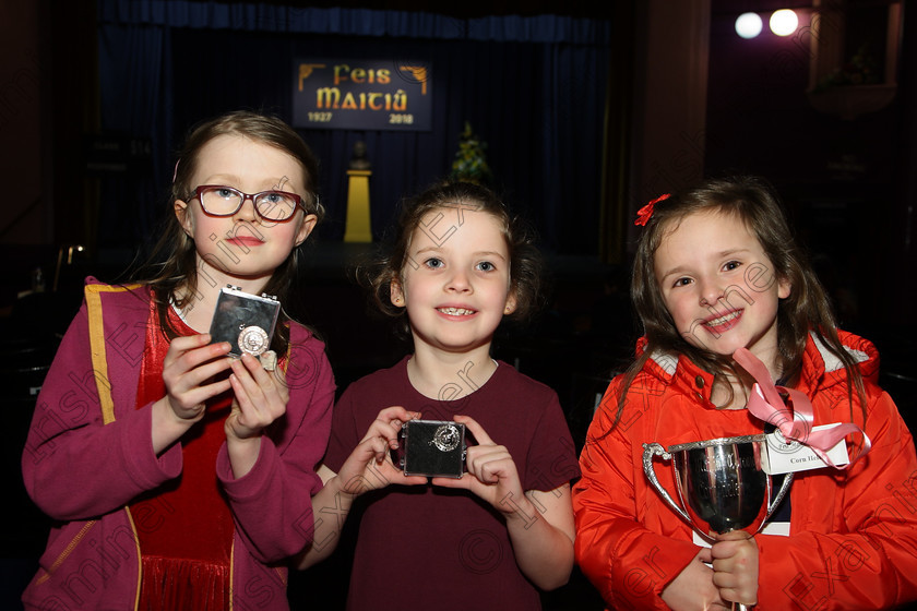 Feis22032018Thu39 
 39
Bronze Medallist Chloe Ó Naín, Silver Medallist Lily De Barra and Overall Cup winner and Silver Medallist Ellie Long all from Glanmire.
 Labhairt na Filíocht agus Míreanna Drámaíochta Class: 517: “Corn Helen” Bhéarslabhairt 7 Bliana D’Aois Nó Faoina Roinn 2 Feis Maitiú 92nd Festival held in Fr. Mathew Hall. EEjob 22/03/2018 Picture: Gerard Bonus