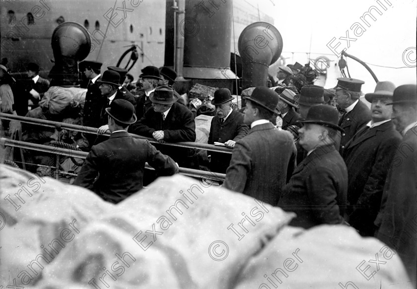 434942 
 Please archive -
In April, 1912 the RMS Titanic called to the port of Queenstown (Cobh) on her maiden voyage. The pride of the White Star Line arrived at Roche's Point at 11.30 a.m. A total of 123 passangers embarked at Queenstown. Three days later the liner struck an iceberg. Of the 2228 passangers and crew aboard only 705 survived. Picture shows passangers aboard the tender PS America before boarding the doomed liner at Roches Point.
Ref.114/115 11/04/1912
Old black and white ships liners disasters