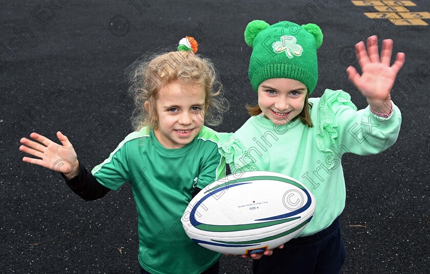 roisinpoucher 
 IE THE ECHO 31/01/2024. Annie O'Sullivan (left) and Róisín Poucher during Green Day at Scoil Eoin, Innishannon, Co. Cork, in support of past pupil Jack Crowley and the Irish team ahead of the Guinness Men's Six Nations. Picture Denis Minihane.