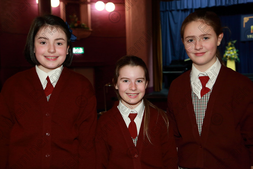 Feis01032019Fri01 
 1
Eoibhe Knowles, Julie Finn and Ella O’Sullivan from St. Joseph’s Girls’ Choir, Clonakilty.

Class: 84: “The Sr. M. Benedicta Memorial Perpetual Cup” Primary School Unison Choirs–Section 2 Two contrasting unison songs.

Feis Maitiú 93rd Festival held in Fr. Mathew Hall. EEjob 01/03/2019. Picture: Gerard Bonus