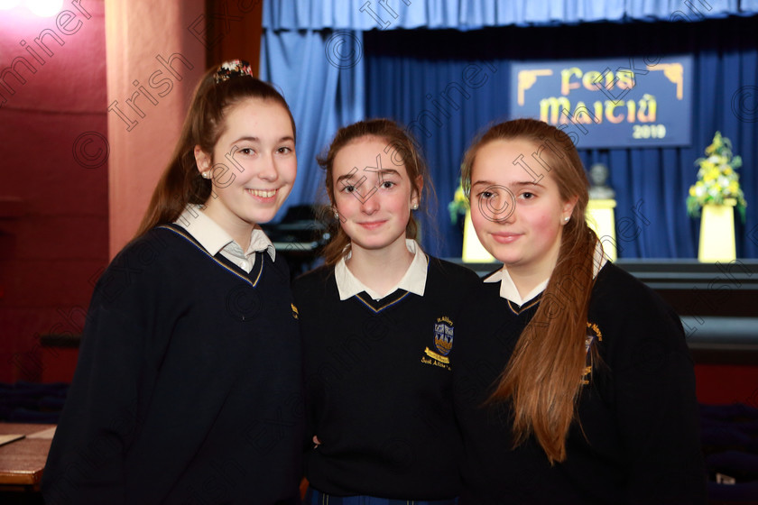 Feis27022019Wed03 
 3
Molly Hogan, Aoibheann O’Dwyer and Katelyn Heffernan from St. Ailbes Choir.

Class: 77: “The Father Mathew Hall Perpetual Trophy” Sacred Choral Group or Choir 19 Years and Under Two settings of Sacred words.
Class: 80: Chamber Choirs Secondary School

Feis Maitiú 93rd Festival held in Fr. Mathew Hall. EEjob 27/02/2019. Picture: Gerard Bonus