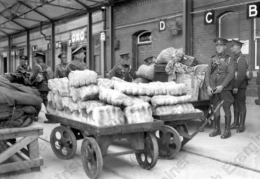 657914 
 Irish Army soldiers pictured at Cobh railway station following the takeover of the harbour forts from the British.11/07/1938 Ref. 174C Old black and white troops