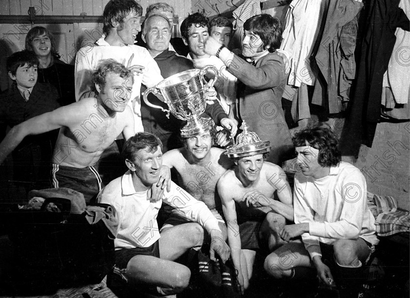 429231 
 Cork Hibernians v. Waterford in the 1973 F.A.I. Cup Final at Dalymount Park, Dublin. Hibs team celebrate after their 3-0 win. John Lawson and Miah Dennehy with cup on their heads.
25/04/1972 Ref. 140/021
100 Cork Sporting Heroes Old black and white