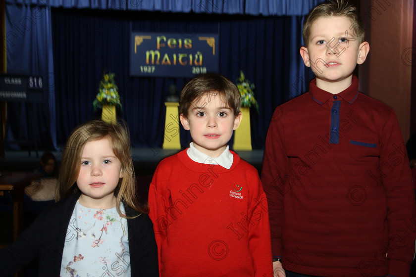 Feis21032018Wed07 
 7
Lucy, Kevin and Performer Jerry O’Sullivan from from Gaelscoil Uí Drisceoíl.
 Labhairt na Filíocht agus Míreanna Drámaíochta Class: 516: Bhéarslabhairt 9 Bliana D’Aois Nó Faoina Roinn 1 Feis Maitiú 92nd Festival held in Fr. Mathew Hall. EEjob 21/03/2018 Picture: Gerard Bonus