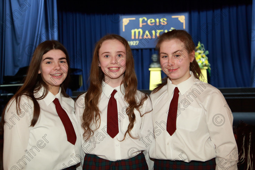 Feis27022019Wed09 
 9
Sophie Mathews, Orla Keys and Ellen Crowley from Sacred Heart School Tullamore.

Class: 77: “The Father Mathew Hall Perpetual Trophy” Sacred Choral Group or Choir 19 Years and Under Two settings of Sacred words.
Class: 80: Chamber Choirs Secondary School

Feis Maitiú 93rd Festival held in Fr. Mathew Hall. EEjob 27/02/2019. Picture: Gerard Bonus