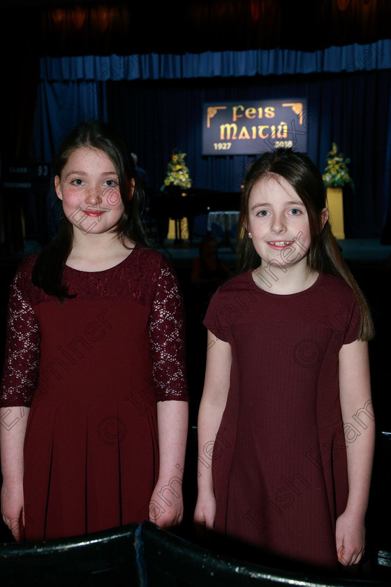 Feis05032018Mon01 
 1
Duo Sophie O’Shea and Katie Finn from Mitchelstown.
 Singing and School Choirs Class: 93: Vocal Duets 13 Years and Under Feis Maitiú 92nd Festival held in Fr. Mathew Hall. EEjob 05/03/2018 Picture: Gerard Bonus.