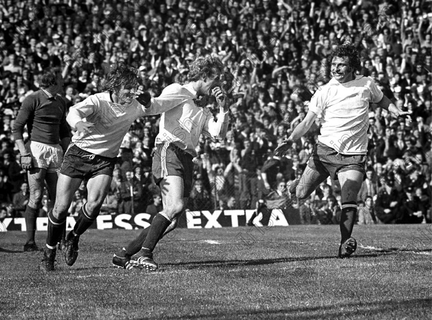 429253 
 Cork Hibernians v. Waterford in the 1973 F.A.I. Cup Final at Dalymount Park, Dublin. Dave Wiggington (left), Miah Dennehy and John Lawson celebrate a Hibs goal.
25/04/1972 Ref. 140/021
100 Cork Sporting Heroes Old black and white