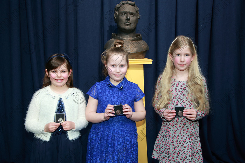 Feis24022018Sat10 
 10
Silver Medallist Abigail Adair from Carrigtwohill Bronze Medallists Laoise Twomey from Carrigtwohill and Orla Hickey from Ballinlough.
 Speech and Drama Class: 367: Solo Verse Speaking Girls 8 Years and Under Section 2 Feis Maitiú 92nd Festival held in Fr. Mathew Hall. EEjob 24/02/2018 Picture: Gerard Bonus.