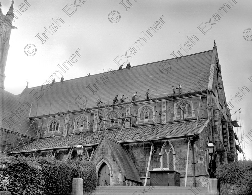 Now-and-Than-Bandon-05 
 For 'READY FOR TARK'
The roof of St. Patrick's Church, Bandon under repair 01/06/1952 Ref. 571E Old black and white religion workers