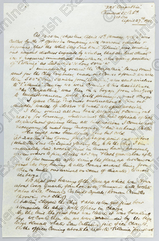 US Titanic 7 
 In this March. 13, 2012 photo provided by Bonhams Auction House, the handwritten report penned by Capt. Arthur Rostron of the R.M.S. Carpathia, that detailed the rescue of the R.M.S. Titanic's survivors after the ship hit an iceberg on April 15, 1912, is shown. The report will be among the other Titanic related artifacts put up on the block by Bonhams during their 'R.M.S. Titanic: 100 Years of Fact and Fiction' auction in New York on Sunday, April 15, 2012. (AP Photo/Bonhams Auction House)