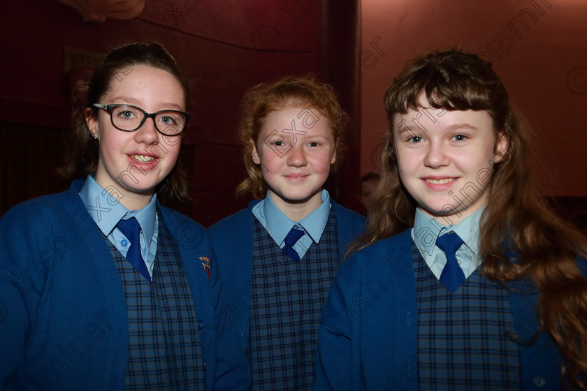 Feis28022019Thu05 
 5
Meadhbh Duffin, Gemma Corcoran and Molly Cullin from Bunscoil Bhóthar na Naomh Lismore.

Class: 84: “The Sr. M. Benedicta Memorial Perpetual Cup” Primary School Unison Choirs–Section 1Two contrasting unison songs.

Feis Maitiú 93rd Festival held in Fr. Mathew Hall. EEjob 28/02/2019. Picture: Gerard Bonus