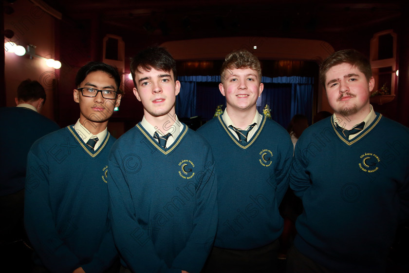 Feis27022019Wed67 
 67
John Peter Laceha, Michael McCarthy, Ciarán Conway and Sam O’Keeffe Glanmire Community School.

Class: 81: “The Father Mathew Perpetual Shield” Part Choirs 19 Years and Under Two contrasting songs.

Feis Maitiú 93rd Festival held in Fr. Mathew Hall. EEjob 27/02/2019. Picture: Gerard Bonus