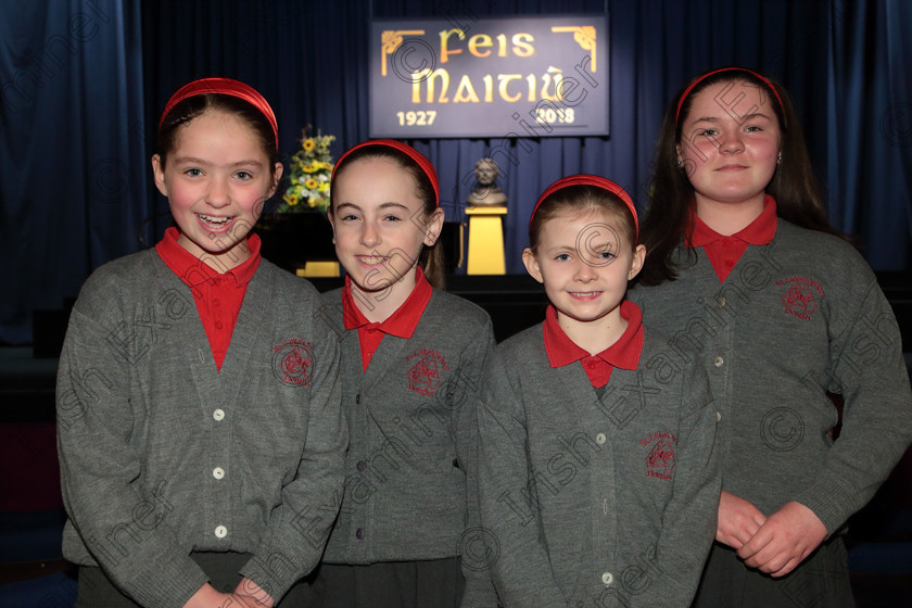 Feis12042018Thu02 
 2
Alex Dale, Sarah Noctor, Aisling Hanifin and Jessica Young from St Luke’s NS Douglas.
 Singing Class: 84: “The Sr. M. Benedicta Memorial Perpetual Cup” Primary School Unison Choirs Section 1 Feis Maitiú 92nd Festival held in Fr. Mathew Hall. EEjob 28/03/2018 Picture: Gerard Bonus