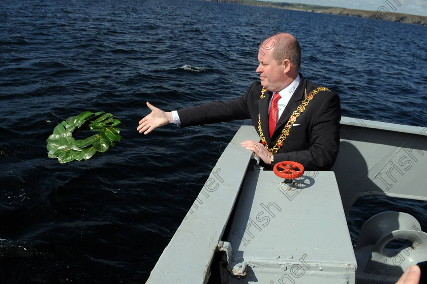 EOH Titanic wreath l101481 
 The Lord Mayor of Cork Cllr Terry Shannon laying a wreath at the spot where the Titanic berthed outside Cork harbour 100 years ago,. from on aboard the LE Eithne yesterday
Picture: Eddie O'Hare