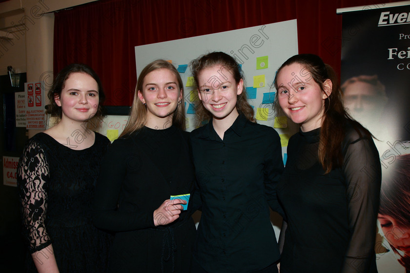 Feis09022018Fri21 
 21
Performers Catherine Kelly, Holly Nagle, Éimear Corby and Róisín Hynes McLaughlin using “How Did it Go?” board.
 Instrumental Music Class: 212: Woodwind Solo16 Years and Under Feis Maitiú 92nd Festival held in Fr. Mathew Hall. EEjob 09/02/2018 Picture: Gerard Bonus.