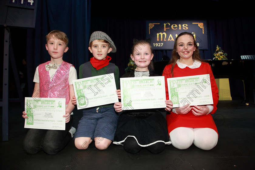 Feis26022019Tue69 
 69
Commended Alex O’Regan, Oran Lyons, Katie Ross and Amelia O’Halloran from Ballyclaugh, Bishopstown, Dripsey and Douglas Road.

Class: 114: “The Henry O’Callaghan Memorial Perpetual Cup” Solo Action Song 10 Years and Under –Section 1 An action song of own choice.

Feis Maitiú 93rd Festival held in Fr. Mathew Hall. EEjob 26/02/2019. Picture: Gerard Bonus