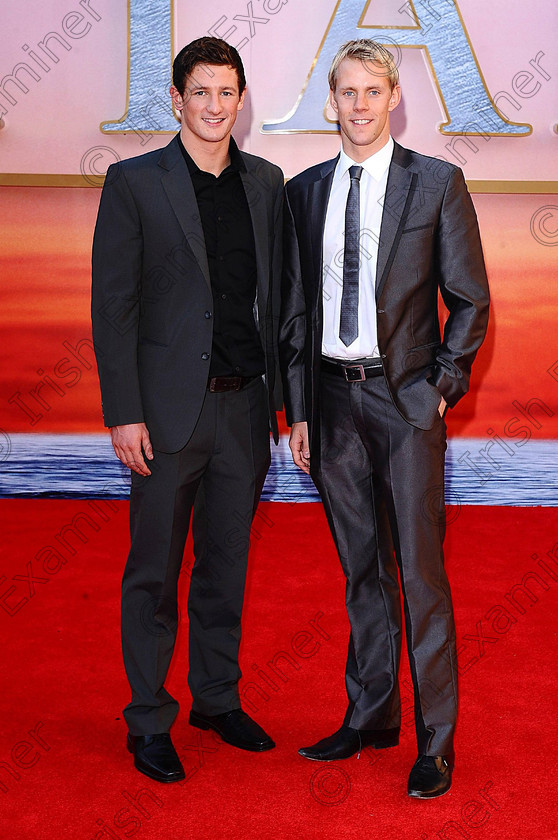 SHOWBIZ Titanic 194133 
 Swimmers Michael Jamieson (left) and Ross Davenport arrive for the World Premiere of Titanic 3D at the Royal Albert Hall, London. PRESS ASSOCIATION Photo. Picture date: Tuesday March 27, 2012. Photo credit should read: Ian West/PA Wire