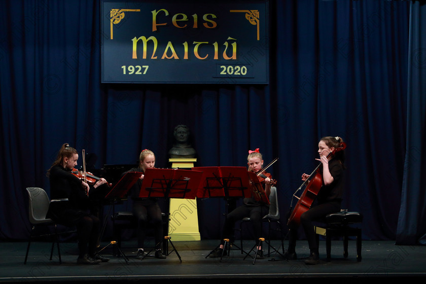 Feis0103202062 
 61~62
Sparking Strings playing Showtime as their repertoire.

Class:270: “The Lane Perpetual Cup” Chamber Music 14 Years and Under

Feis20: Feis Maitiú festival held in Father Mathew Hall: EEjob: 01/03/2020: Picture: Ger Bonus.