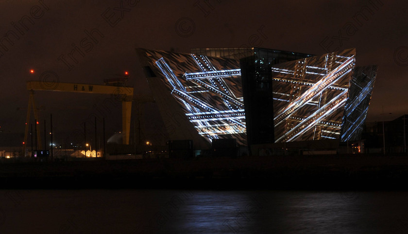 Pacemaker Titanic Light S 4 
 PACEMAKER BELFAST 7/4/2012
Thousand come out to watch the "Titanic Light Show" at the new Titanic building in Belfast on saturday night, the worldÕs biggest ever digital projection lighting show was staged in the historic setting of the Titanic Slipways as part of the cityÕs festival of events to commemorate the 100th anniversary of TitanicÕs fateful maiden voyage. Using cutting-edge architectural projection, 3D motion graphics, synchronized pyrotechnics and bespoke sound design, the show was the largest, most complex projection ever attempted
Photo Colm Lenaghan/Pacemaker