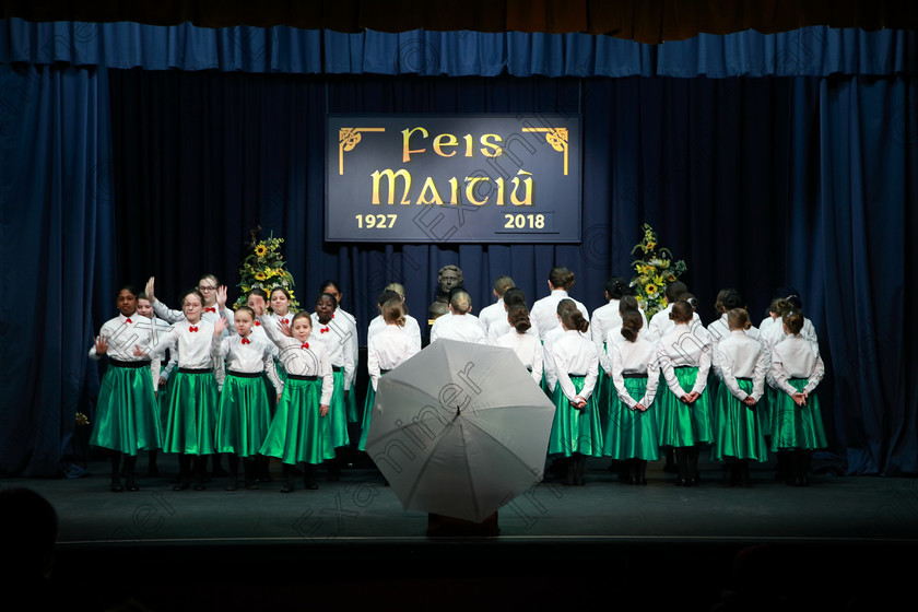 Feis28022018Wed03 
 On a snowy day only one choir made it into the hall for their performance, Scoil mhuire, Ballincollig braved the elements, snow and ice and totally enthralled the adjudicator, Marilynne Davies that she asked them to perform again and they did, spectacularly, showing their skill and talents so well that they were awarded the highest mark of 90 points, a rare achievement made all the more special on a day that most schools were closed due to weather and also making the choir’s first visit to eh Feis performing a medley from “Mary Poppins” during the “The Pam Golden Perpetual Cup” Group Action Songs Primary Schools Class 104 Feis Maitiú 92nd Festival held in Fr. Mathew Hall. EEjob 27/02/2018 Picture: Gerard Bonus.