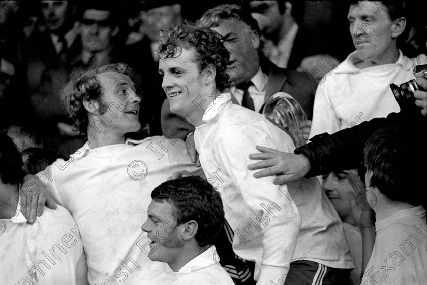 1179922 
 Cork Hibernians v. Waterford in the F.A.I. Cup Final at Dalymount Park, Dublin - Included are from left, Sonny Sweeney, Gerry Finnegan, hat-trick hero Miah Dennehy, John Herrick and Neol O'Mahony (behind) 23/4/1972 Ref. 140/21 old black and white soccer football