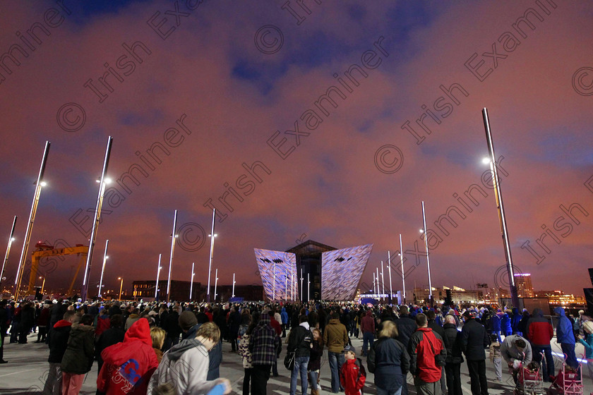 PEYE Titanic Belfast show 0 
 Press Eye - Belfast - Northern Ireland - 8th April 2012

Press Release image

Belfast is setting for Titanic light show....

Belfast's iconic Titanic Building provides a backdrop for a 3D graphics and pyrotechnics light show set to music.

The show used cutting edge architectural projection, intense 3D motion graphics, synchronised pyrotechnics and bespoke sound design.

Picture by Kelvin Boyes / Press Eye.