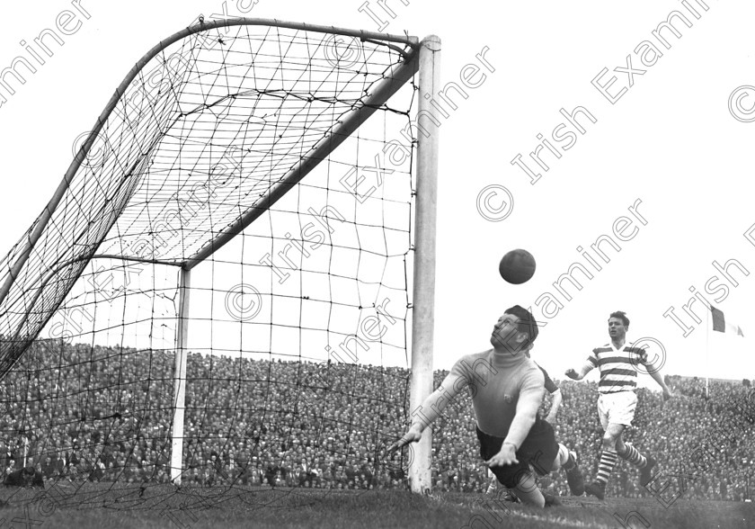 688838 
 F.A.I. Cup 1956 Shamrock Rovers v Cork Athletic at Dalymount Park , Cork Athletic Keeper O'Toole pushes the ball around the post for a corner . ref no 892h . 29/04/56 .