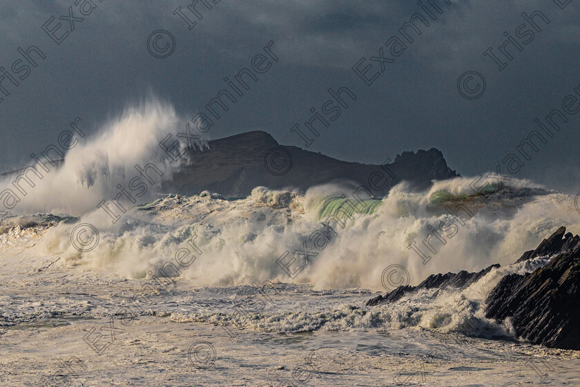 Stormy Seas-Clogher-5815 
 Stromy Seas at Clogher Dingle Co Kerry with An Fear Marbh aka The Sleeping Giant aka An Tuaisceart in the background.Photo by Noel O Neill 
 Keywords: An Fear Marbh, Clogher, Waves, foam, srtorm