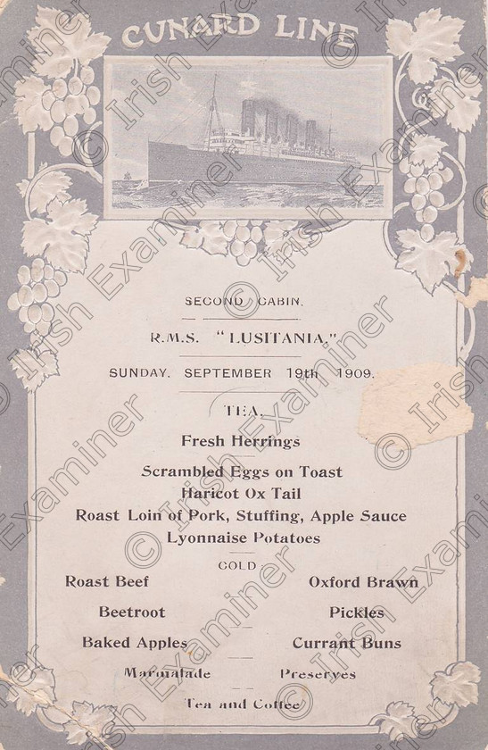 1082838 
 A menu from the Lusitania, which was sunk off the Old Head of Kinsale. 
 Keywords: Lusitania