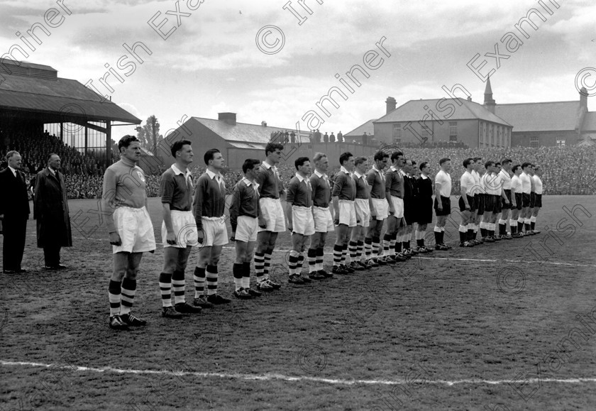 429333 
 The Irish and English teams line up before the World Cup qualifying match at Dalymount Park, Dublin in 1957. England won by one goal to nil. Included is Charlie Hurley, 5th. player from left.
 01/04/1957 Ref. 489J
100 Cork Sporting Heroes
Old black and white