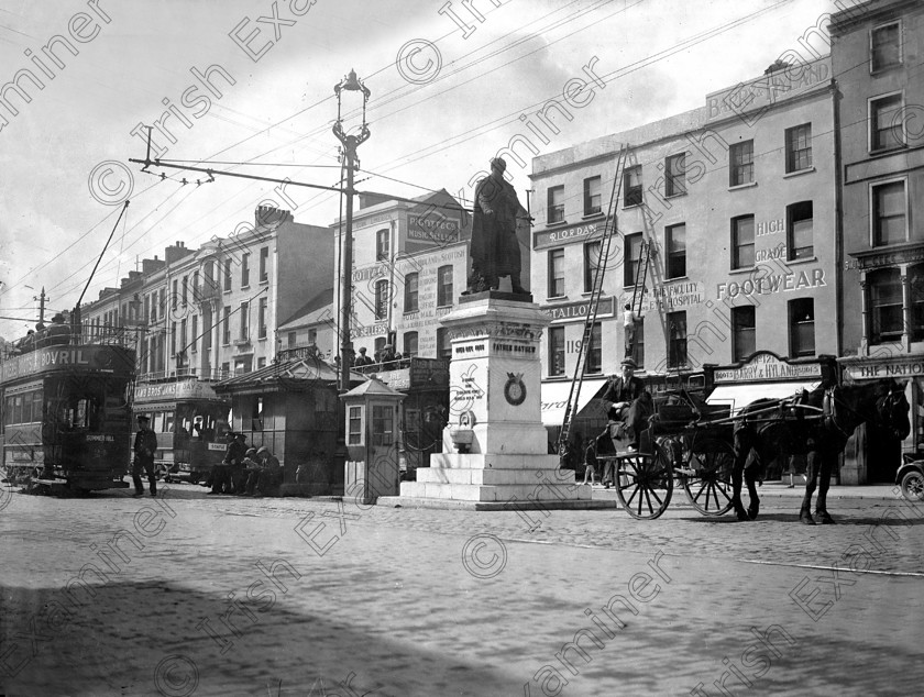 755127 
 Please archive -
Trams parked at Father Matthew Statue, Patrick Street, Cork in 1929 Ref. 567A Old black and white trams jarveys