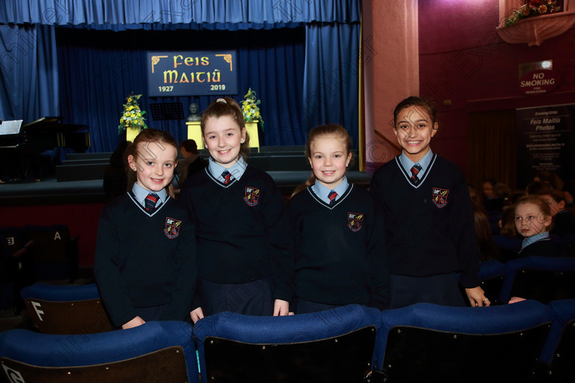 Feis01032019Fri03 
 3
Emma McCarthy, Ruby Hanigan, Sophie O’Sullivan and Sara Aouni from Scoil Aiseiri Chríost Farranree.

Class: 84: “The Sr. M. Benedicta Memorial Perpetual Cup” Primary School Unison Choirs–Section 2 Two contrasting unison songs.

Feis Maitiú 93rd Festival held in Fr. Mathew Hall. EEjob 01/03/2019. Picture: Gerard Bonus