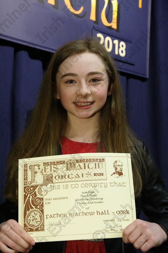 Feis24032018Sat12 
 12
3rd place Aoife Doyle from Carrigtwohill.
 Speech and Drama Class: 363: Solo Verse Speaking Girls 12 Years and Under Section 2 Feis Maitiú 92nd Festival held in Fr. Mathew Hall. EEjob 24/03/2018 Picture: Gerard Bonus