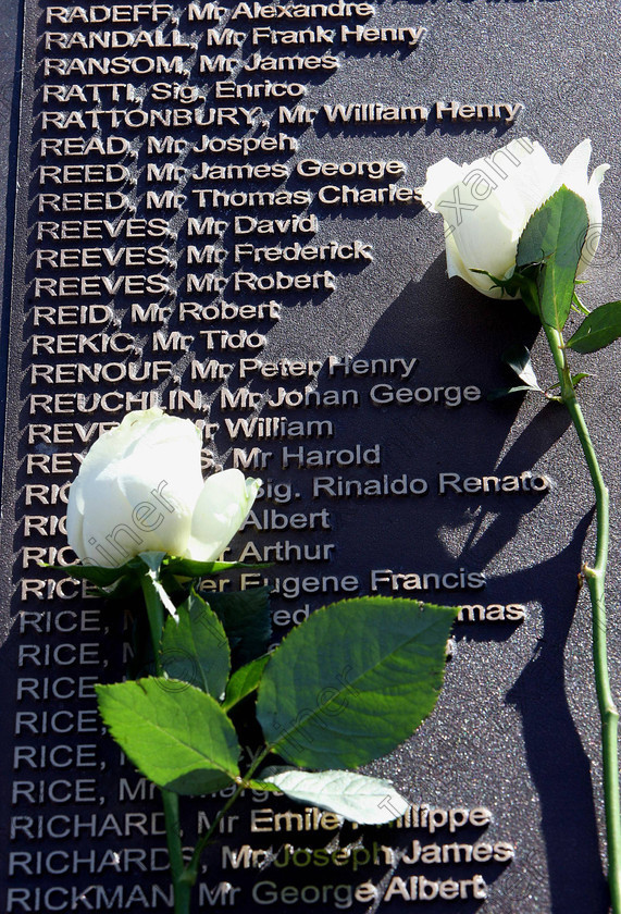 ULSTER Titanic 123310 
 Names of those who perished on the Titanic, in the new memorial garden at Belfast City Hall on the 100th anniversary of the sinking of the Titanic. PRESS ASSOCIATION Photo. Picture date: Sunday April 15, 2012. A minute's silence was held as the memorial was opened in Belfast. A great, great nephew of the ship's doctor helped unveil bronze plaques listing more than 1,500 passengers, crew and musicians who died when the liner struck an iceberg and sank in the North Atlantic on April 15 1912. See PA story ULSTER Titanic. Photo credit should read: Paul Faith/PA Wire