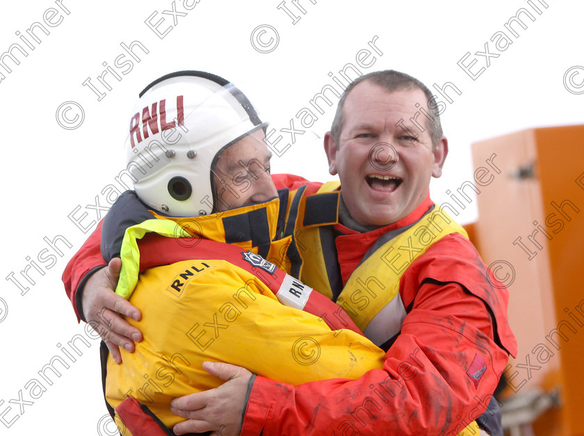 JH Cobh Rescue Display 17 
 ECHO NEWS: 14/04/2012; Allan Devoy, (on right) Guileen Coast Guard, thanking a member of Ballycotton Lifeboat for rescuing him during a special search and rescue display by the Irish Coast Guard in Cobh to commemorate the 100th anniversary of the sinking of The Titanic. Picture; John Hennessy (Further Info, Vincent Farr, Crosshaven coastguard, 086 8501802)