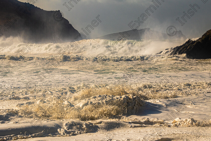 Clogher storm-An Fear Marbh-5851 
 Stormy weather at Clogher Beach Dingle peninsula Co Kerry looking out at the Sleeping Giant/An Fear Marbh 
 Keywords: An Fear Marbh, Clogher, Waves, foam, srtorm