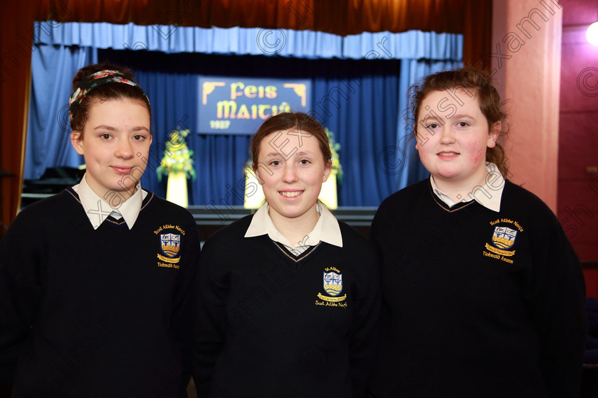 Feis27022019Wed01 
 1
Clara Cummins, Ríodhna Hennessy and Ellie Merrigan from St. Ailbes Choir.

Class: 77: “The Father Mathew Hall Perpetual Trophy” Sacred Choral Group or Choir 19 Years and Under Two settings of Sacred words.
Class: 80: Chamber Choirs Secondary School

Feis Maitiú 93rd Festival held in Fr. Mathew Hall. EEjob 27/02/2019. Picture: Gerard Bonus