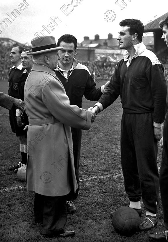 320502 
 Irish Soccer Internation Noel Cantwell being introduced to President of Ireland Sean T. O'Kelly for Soccer International Ireland v Germany at Dalymount Park, Dublin 25/11/56 - ref. 238J