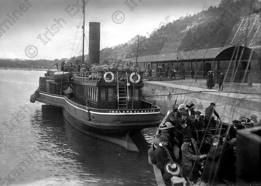 434944 
 Please archive -
In April, 1912 the RMS Titanic called to the port of Queenstown (Cobh) on her maiden voyage. The pride of the White Star Line arrived at Roche's Point at 11.30 a.m. A total of 123 passangers embarked at Queenstown. Three days later the liner struck an iceberg. Of the 2228 passangers and crew aboard only 705 survived. Picture shows two tenders about to leave Queenstown, carrying cargo and passangers to the doomed liner.
Ref.114/115 11/04/1912
Old black and white ships liners disasters