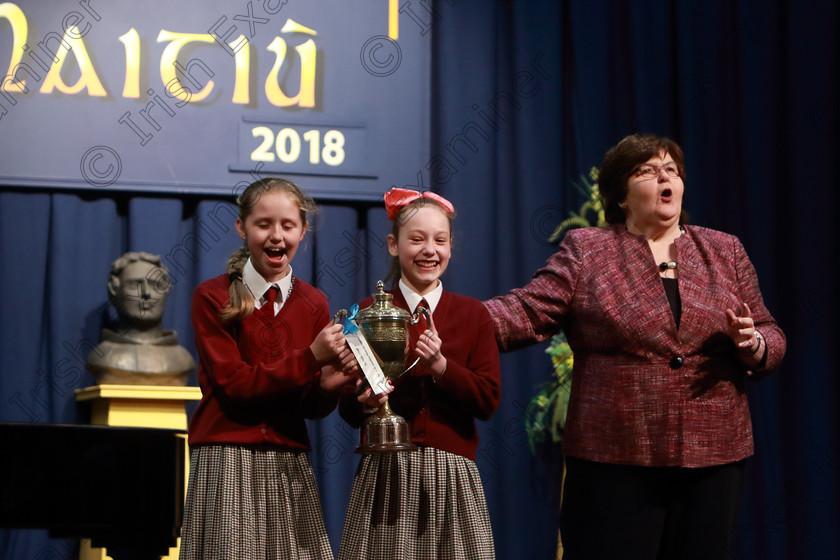 Feis12042018Thu37 
 37
Adjudicator Alice O’Connell presenting the Cup to Caoilin McCarthy and Eva Forde representing St. Joseph’ Girls’ Choir Clonakilty.
 Singing Class: 84: “The Sr. M. Benedicta Memorial Perpetual Cup” Primary School Unison Choirs Section 1 Feis Maitiú 92nd Festival held in Fr. Mathew Hall. EEjob 28/03/2018 Picture: Gerard Bonus