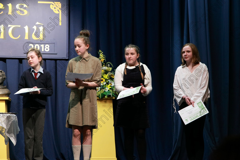 Feis21022018Wed48 
 48
Commended Kellie Anne Holms, Saoirse McGuinness, Mary Kate O’Brien and Clodagh Kelly.
 Speech and Drama Class: 327: “The Hartland Memorial Perpetual Trophy” Dramatic Solo12 years and under section 3 Feis Maitiú 92nd Festival held in Fr. Mathew Hall, EEjob 21/02/2018 Picture: Gerard Bonus.